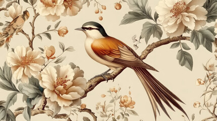 A painting in Chinese style, with birds perched on tree branches