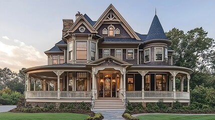 Grand Victorian-style home exterior with ornate details, porches, and manicured lawns, capturing timeless elegance.