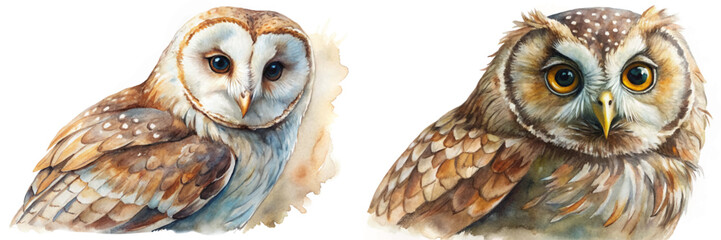 Realistic owl portraits, detailed watercolor style, nature illustration, wildlife art, educational purpose, bird lovers.