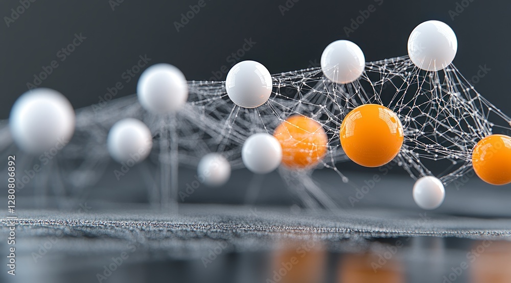 Poster abstract network white and orange spheres connected by web like structure