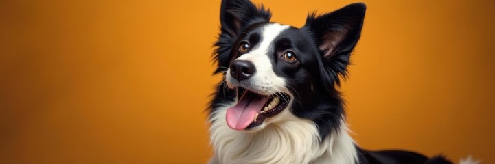 Triumphant border collie, tongue out, ears pricked,  success,  white,  joyful