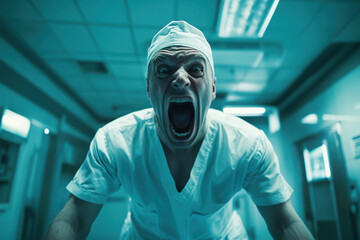 A demon doctor in scrubs screams menacingly in a dim hospital hallway, creating a chilling atmosphere