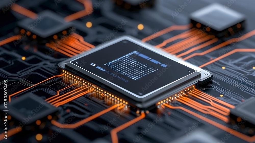 Poster high tech microchip cpu processor circuit board digital technology ai data center co