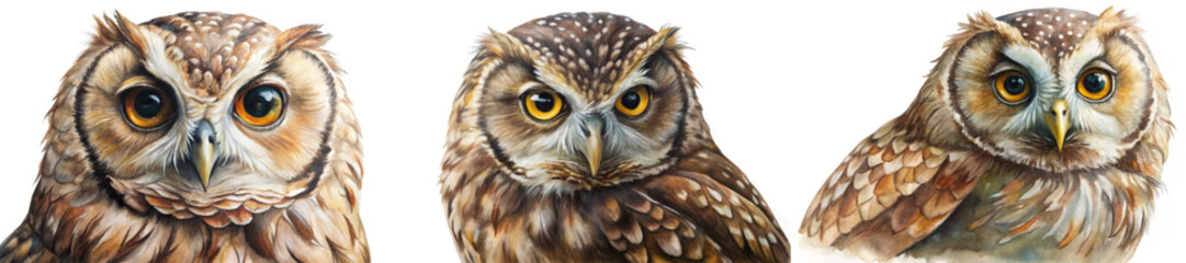 Realistic owl portraits, vibrant colors, detailed feathers, wildlife illustration, nature art, decorative wall art.