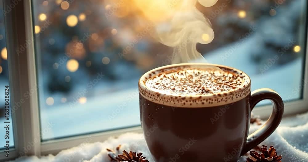 Poster close-up of brown cup with coffee and steam on snowy windowsill with bokeh background