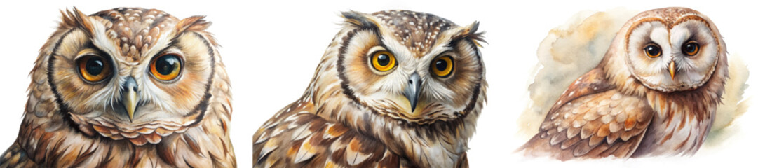 Realistic owl portraits, vibrant colors, detailed feathers, wildlife art, nature illustration, artistic presentation, animal lovers.