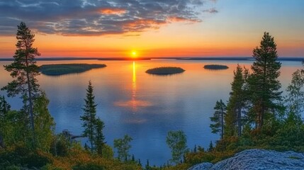Obraz premium Aerial view of a serene sunset over a lake with islands and bays, surrounded by lush forests and small rocky isles, captured in the summer from a drone perspective.