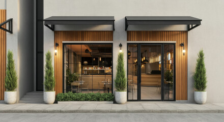 Stylish restaurant facade featuring modern design with wood and concrete accents in a cozy urban setting