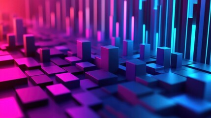Abstract Neon Cityscape Digital Art: Vibrant Cubes and Glowing Lines in Pink and Blue