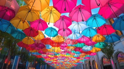 Obraz premium Colorful Umbrellas Floating Overhead in a Vibrant Streetscape Displaying a Multicolored Canopy