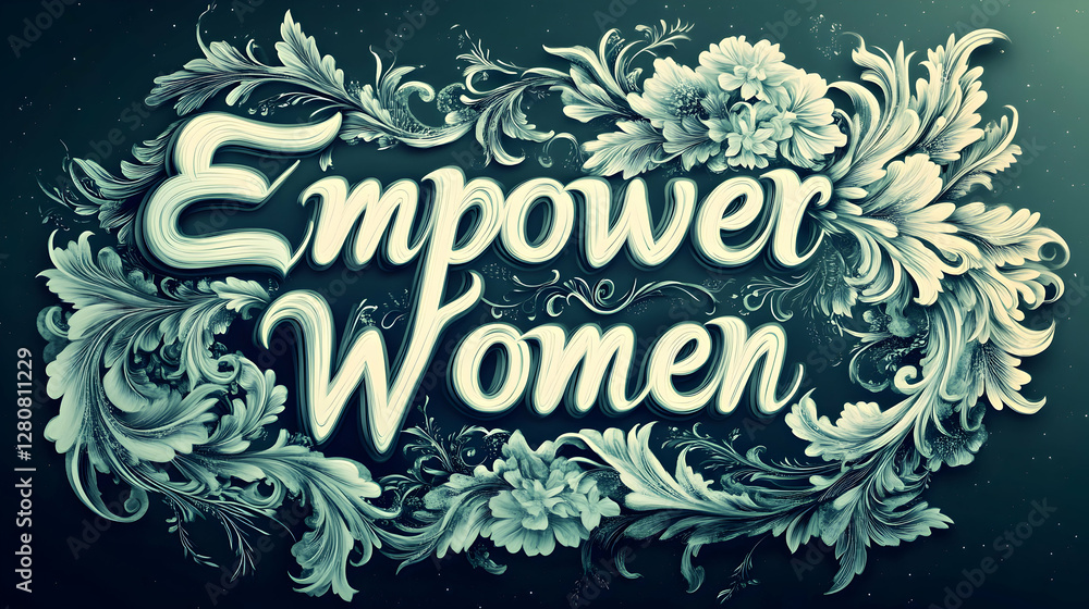 Poster a dynamic visual composition symbolizing women's strength and unity, integrating calligraphic 