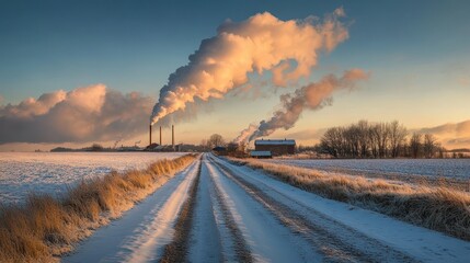 Scenic Winter Landscape with Industrial Smokestacks and Snowy Path