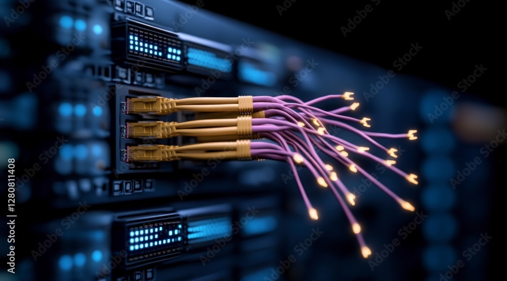 Aufkleber network cables data center server rack 3d render technology digital connectivity in