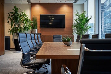 Modern office conference room designed for collaborative meetings with large windows and natural light