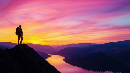 Obraz premium A silhouetted hiker stands atop a mountain, gazing at a vibrant sunset reflecting on a winding river. solo travel adventure experience self-discovery experience.