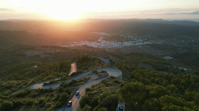  Point of Menorca at Monte Toro, View of winding roads and cars climbing,Christ