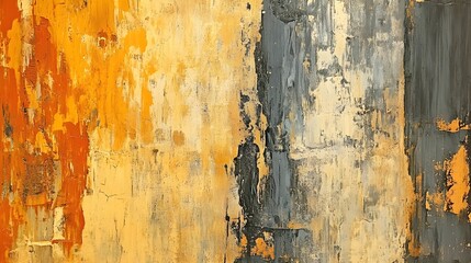 Contemporary Abstract Painting with Textured Strokes in Orange, Yellow, and Gray.