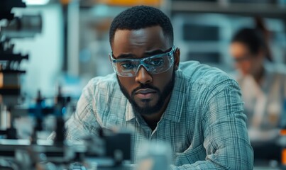 Fototapeta premium Focused Engineer Intently Working on Advanced Robotic Arm Assembly in High Tech Development Laboratory with Team in Background