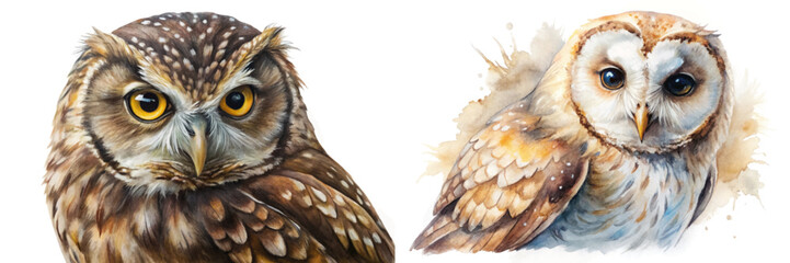 Fototapeta premium realistic owl portraits, watercolor style, detailed feathers, vibrant colors, nature illustration, wildlife art
