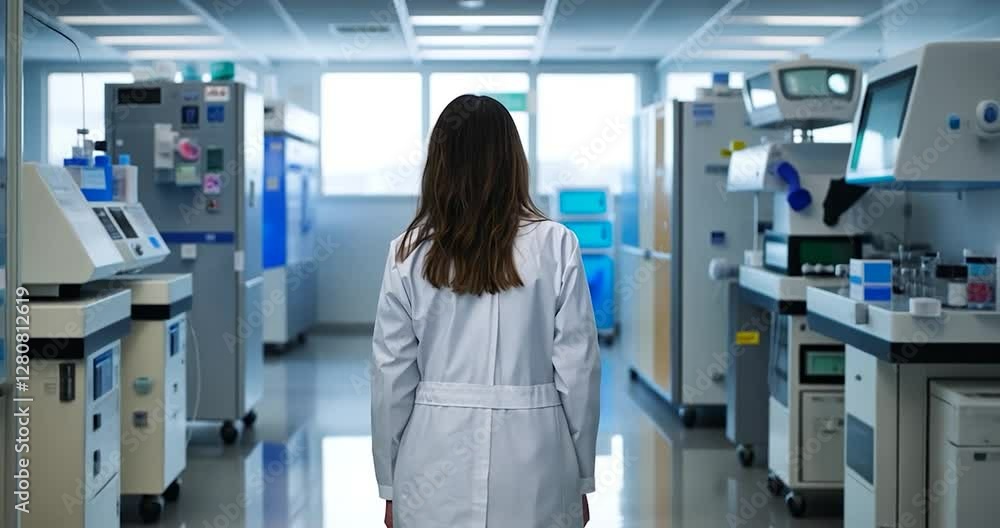 Aufkleber woman in white lab coat walking down hallway in laboratory with a view from behind