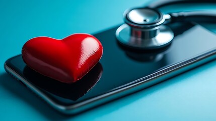 Smartphone with stethoscope and red heart; healthcare concept; useful for health awareness campaigns