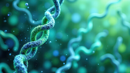 Illustration of a single strand of DNA with a focus on the sequence of Semaglutide, surrounded by cells.
