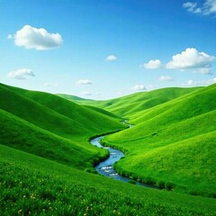 Obraz premium Rolling hills of emerald green with a meandering stream, nature, hills, countryside