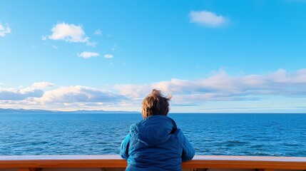 Fototapeta premium A person gazes at the vast ocean, surrounded by blue skies and soft clouds, creating a serene and contemplative atmosphere. solo travel adventure experience self-discovery experience.