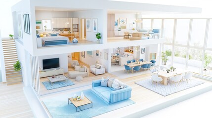 Fototapeta premium Modern open-concept home interior with bright, airy spaces and stylish furnishings.