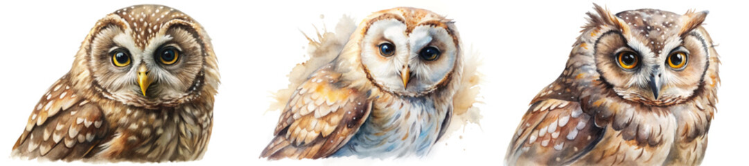 Realistic owl portraits, watercolor style, detailed feathers, nature illustration, wildlife art, decorative prints.