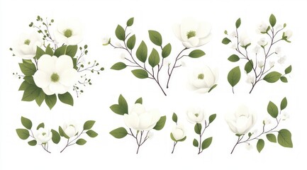 Obraz premium Elegant Magnolia Blossoms Floral Illustrations White Flowers Green Leaves Botanical Ar