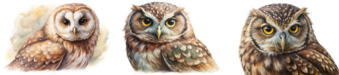 Realistic owl portraits, watercolor style, detailed feathers, vibrant eyes, nature illustration, wildlife art.