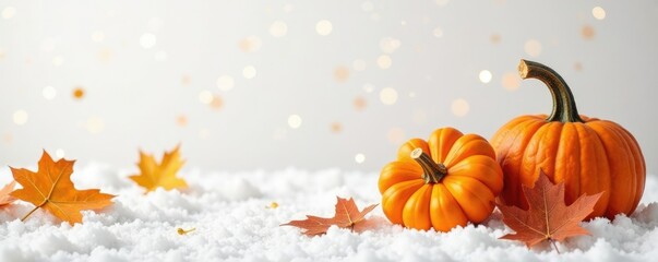 Naklejka premium Small autumn pumpkins scattered on a snowy white background, pumpkin, decoration