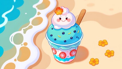Cute Ice-Cream character on beach background