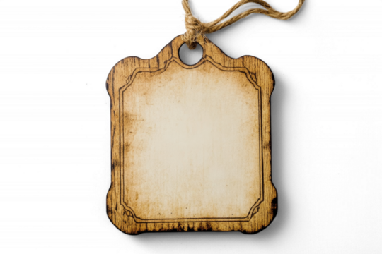 Blank rustic wooden tag with detailed border and twine string