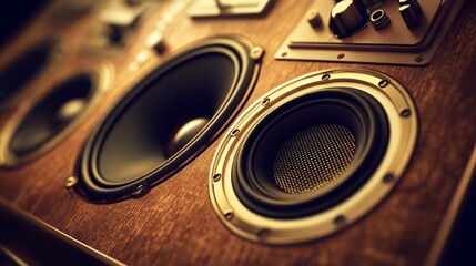 Close-up of premium high-end music speakers with detailed cabinet design and speaker texture, emphasizing sound quality, acoustics, and luxury audio technology.