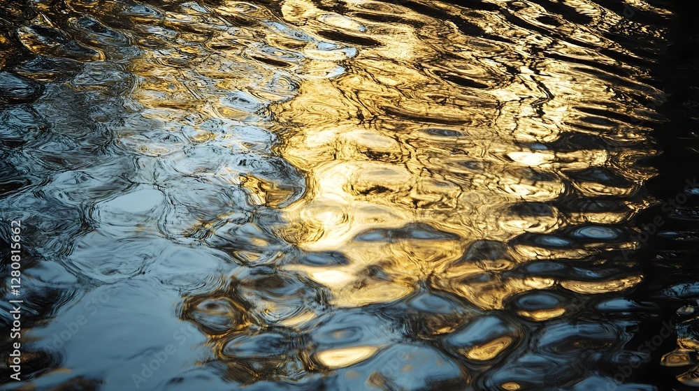 Poster golden sunlight reflecting on the rippling water surface creating abstract patterns