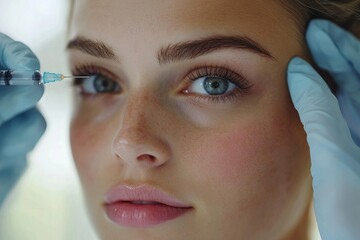 Beauty anti-wrinkle procedure. Beautiful young woman receiving hyaluronic acid injection, beautician holding syringe near female eyes