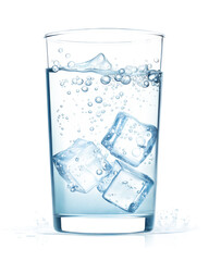 Refreshing glass of pure water with ice cubes floating inside. Crystal-clear, cold beverage perfect for hydration. Isolated on white background.