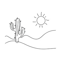 Simple Line Drawing Desert Cactus Sun Landscape Minimalist Art