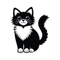 Adorable Black and White Kitten, Cartoon, Pet, Fluffy, Cute, Animal, Sitting, Happy, Paws, Design