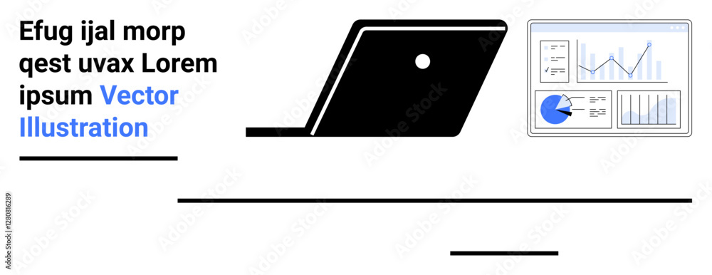 Poster laptop angled beside analytics dashboard showing line graphs, bar charts, and pie charts. ideal for 