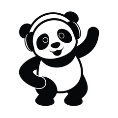 Groovy Panda Dancing, Music, Headphones, Happy, Cute, Black, White, Illustration, Cartoon, Fun