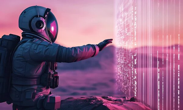 Astronaut explores digital data on alien planet