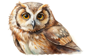 Realistic watercolor owl, detailed feathers, vibrant eyes, nature illustration, wildlife art, animal portrait.