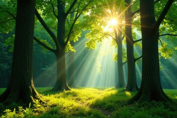 Obraz premium Softly filtering sunlight through towering trees, tree, green, wood