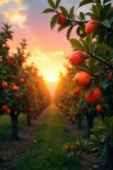 Softly glowing orange blossoms fill the air as sunset approaches in the serene orchard landscape, orchard, tree leaves, tree branches