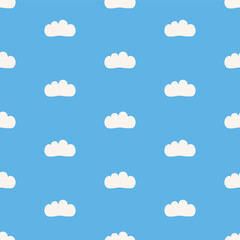 Cute white clouds hand drawn vector illustration. Adorable blue sky in flat style spring seamless pattern for kids fabric or wallpaper.