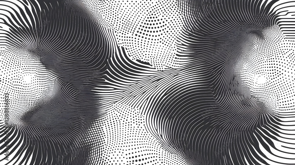 Poster halftone pattern with abstract lines and dots in black and white, great for modern background design