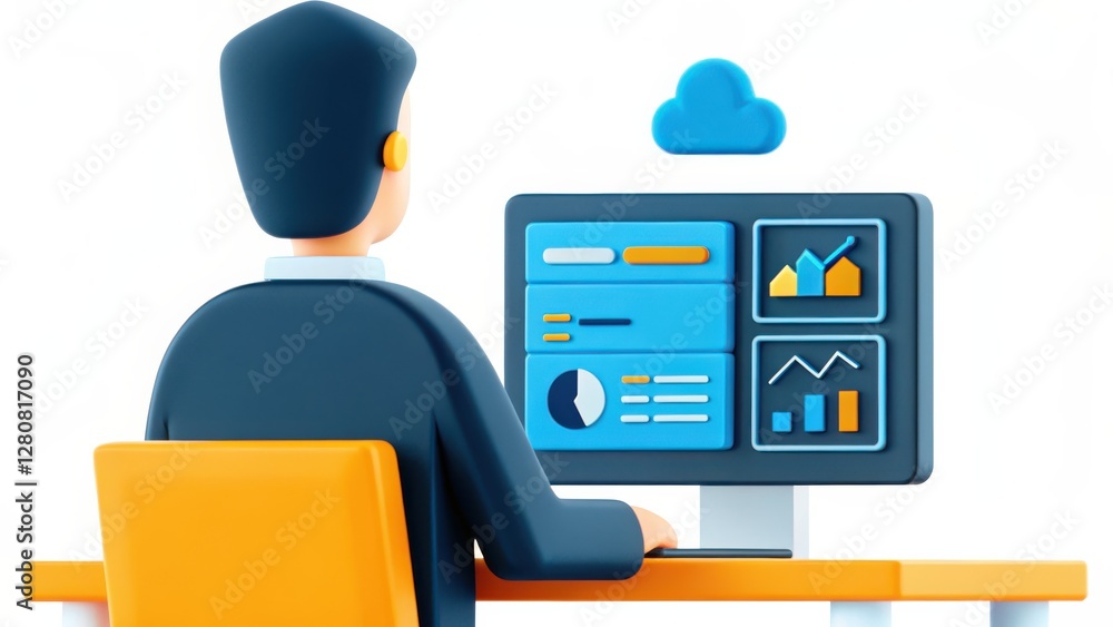 Poster 3d cartoon businessman analyzing data on computer screen